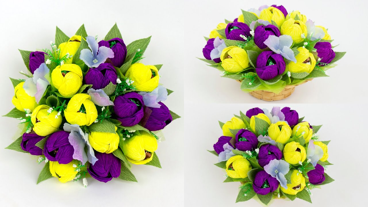 Корзина с крокусами из конфет. Мини букет на 8 марта своими руками. Diy Crafts