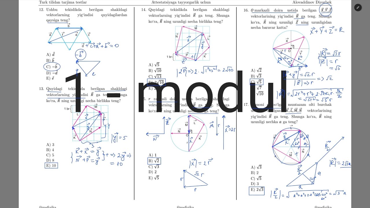 1-modul yechimlari. Turkcha Ayt-fizika tarjima kitobi