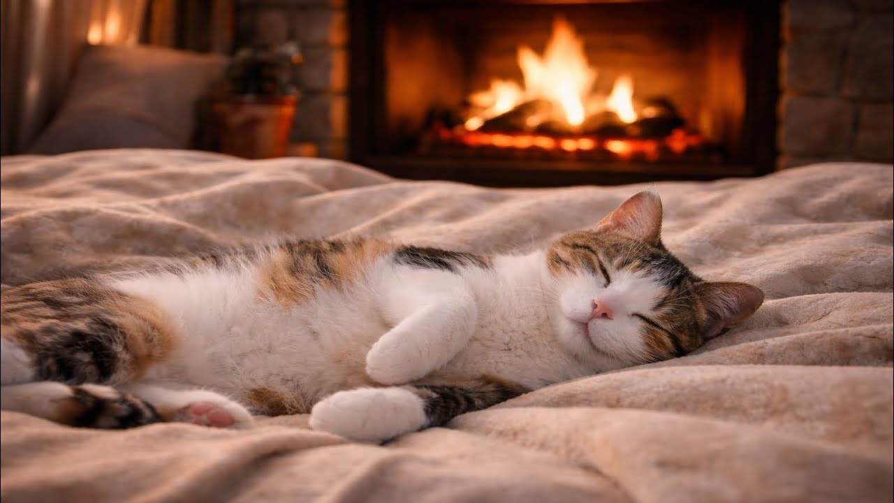 Sleepy Cat by the Fireplace | Cozy Night Sounds for Deep Relaxation | 8hrs