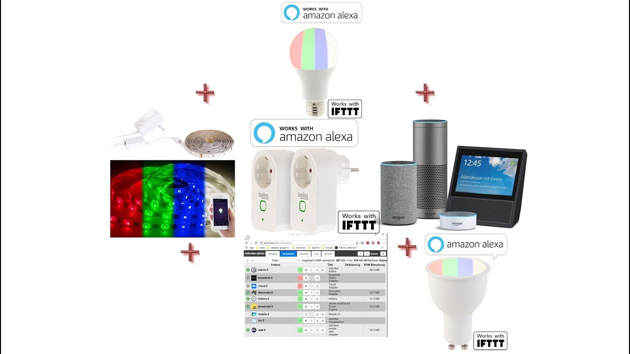 Amazon Echo + ioBroker + Luminea Steckdosen + LED-Lampe + Stripes