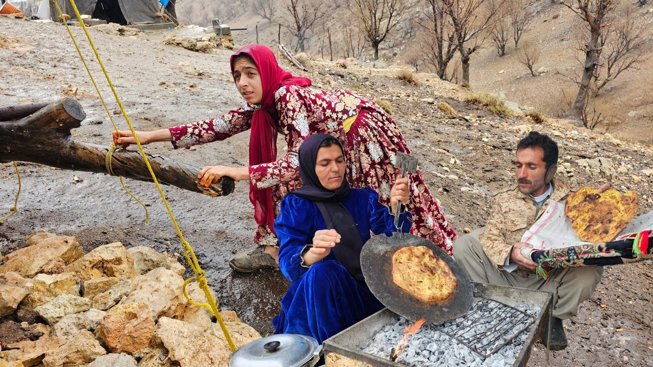 Leila's family, a hard rainy day, baking local bread
