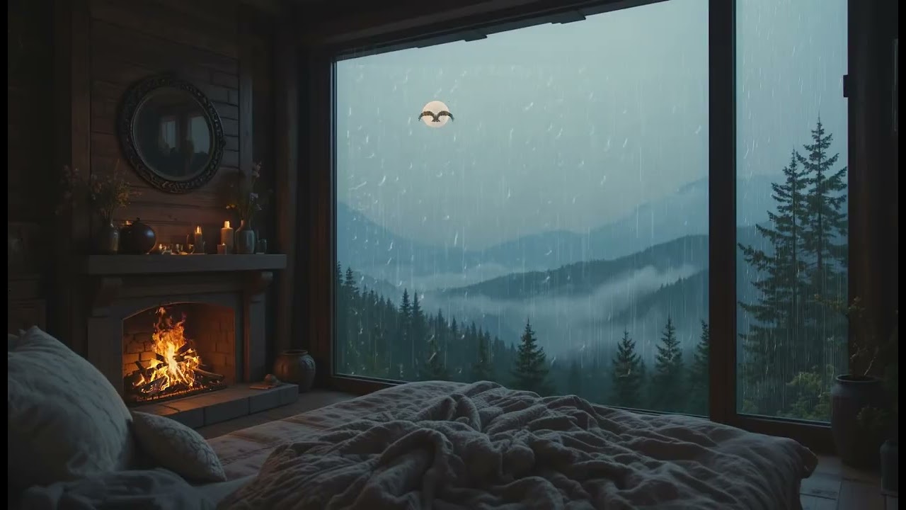 Mountain Cabin Fireplace & Rain ASMR | Cozy Night Sounds