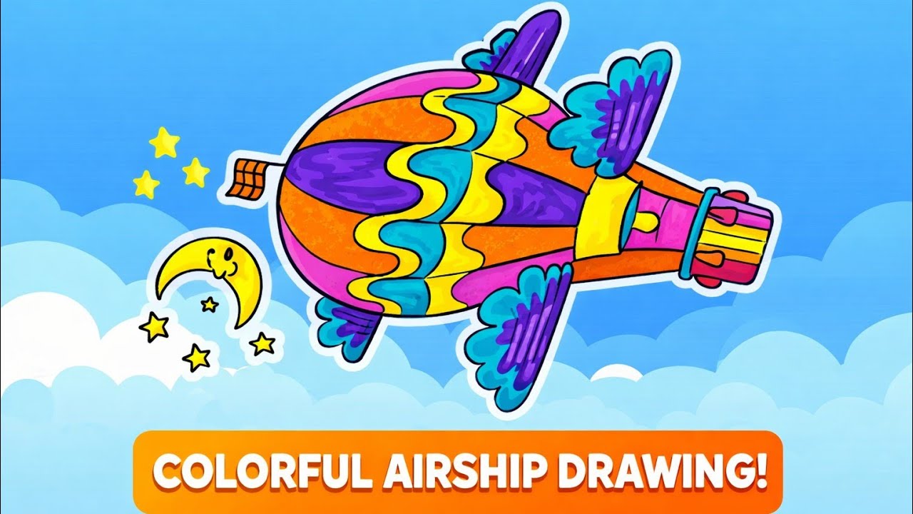 Colorful Airship Drawing for Kids | Easy Step by Step Coloring