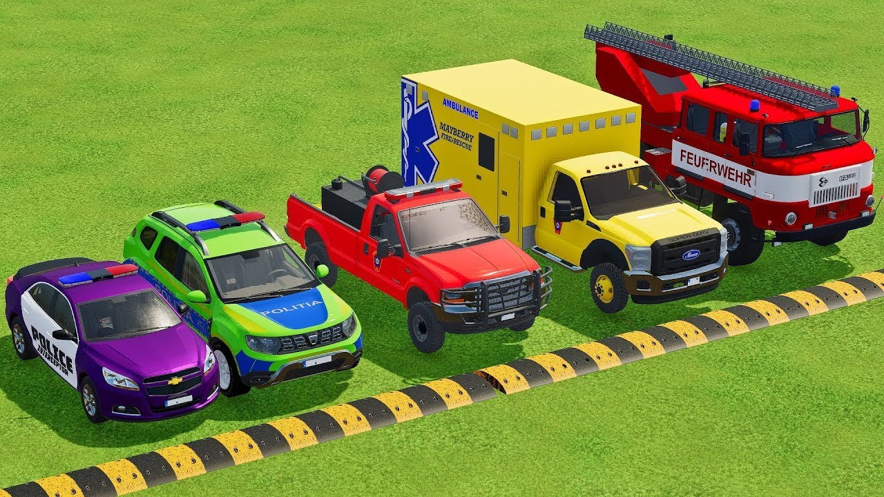 TRANSPORTING CARS, AMBULANCE, POLICE CARS, FIRE TRUCK OF COLORS! WITH TRUCKS! - FS 22