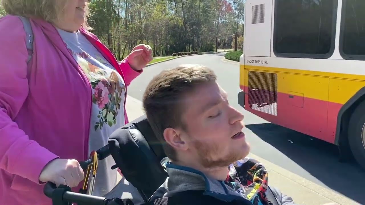 Sam catching a bus to Epcot Park from Wilderness Lodge after breakfast @Disney World @onthatnote