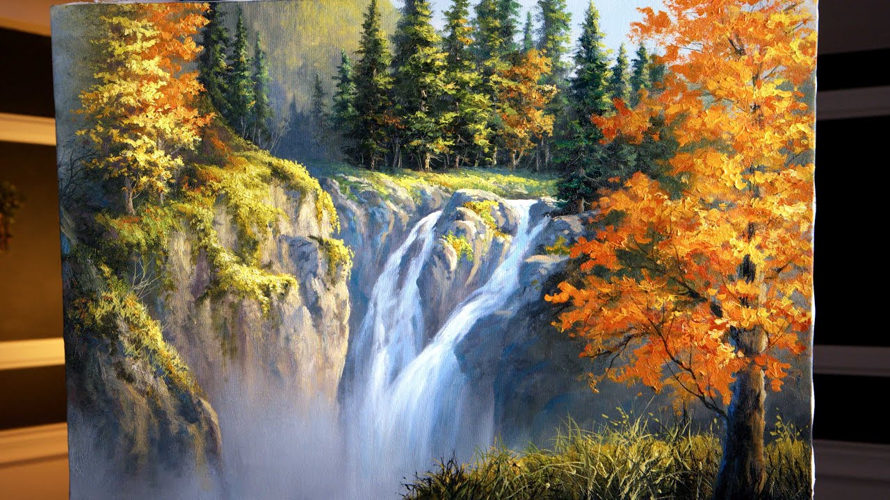 Autumn Mountain & Waterfall | Landscape Painting