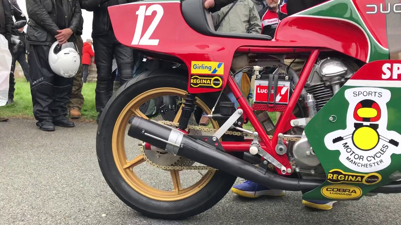 Vee Two Hailwood Replica fired up by Brook Henry at the Jurby Festival in the Isle of Man