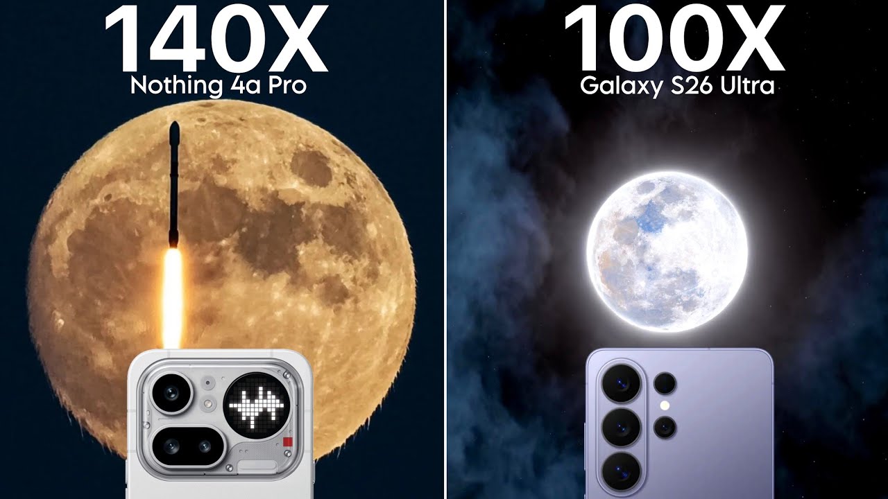 Сравнение телефона Nothing Phone 4a Pro и Samsung Galaxy S26 Ultra с функцией Live Zoom.