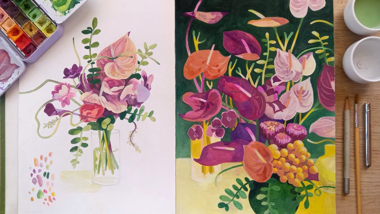 ART VLOG 🌼 Painting Autumn flowers, Making Custom gouache color palette