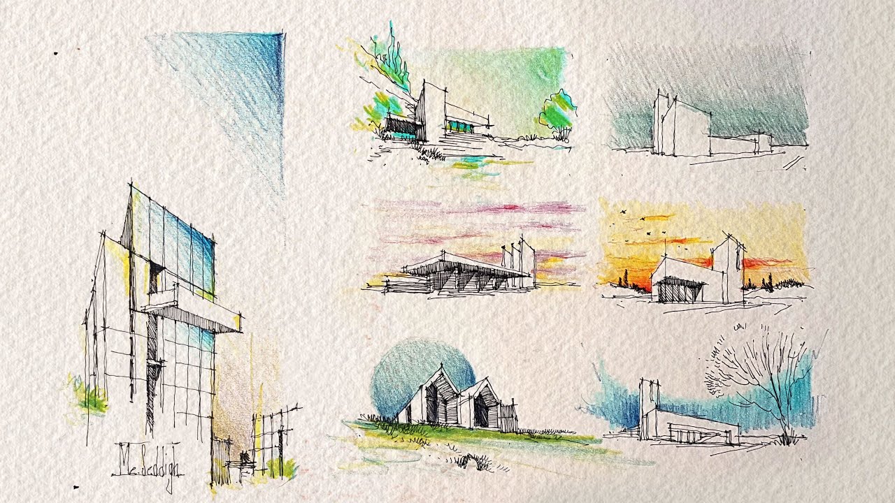 drawing different sky with colored pencil- Architectural Drawing