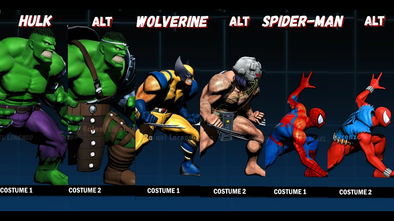 ULTIMATE MARVEL VS CAPCOM 3 - ALL Costumes Skins Outfits Colors Comparison UMVC3 1080p 60fps
