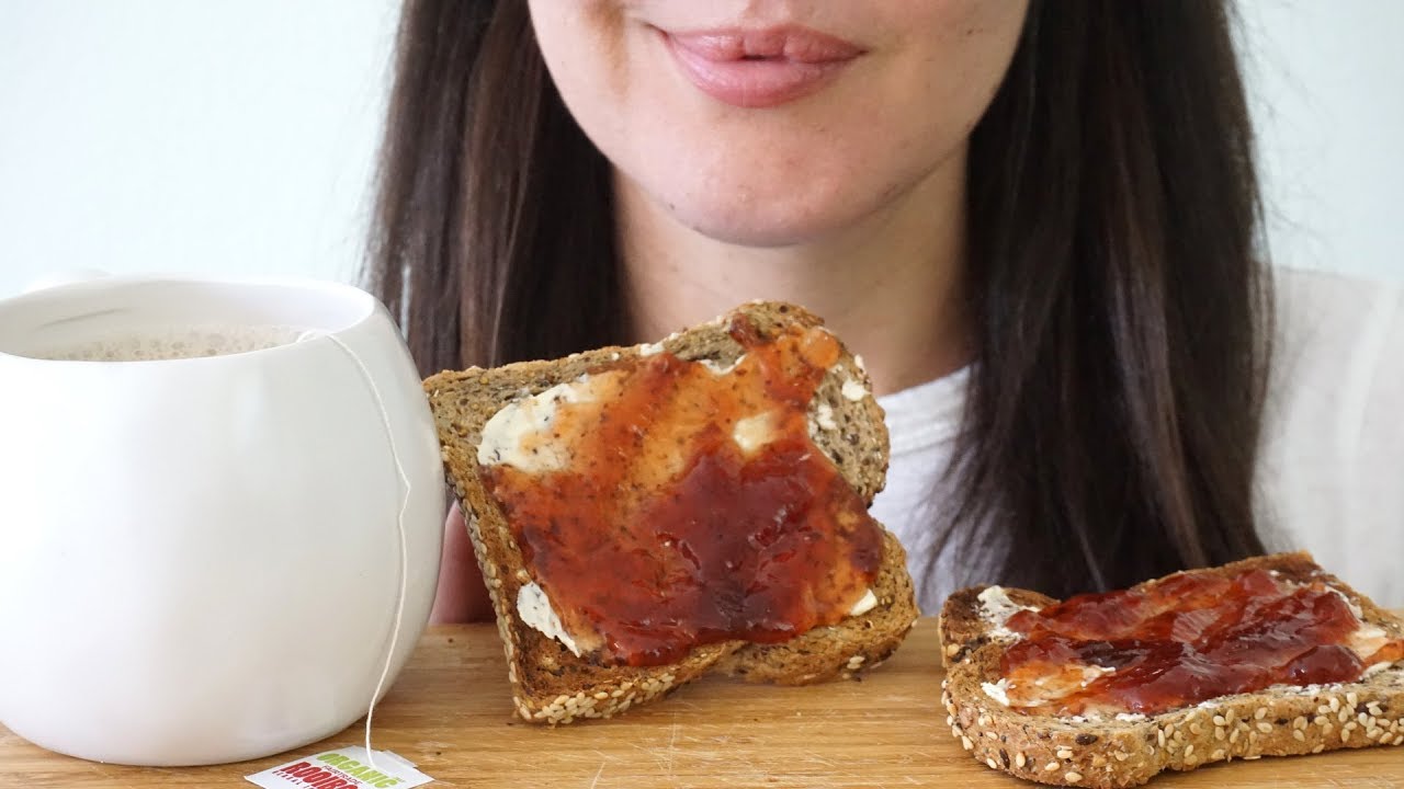 ASMR Eating Sounds: Strawberry Jam Toast With Tea (No Talking)