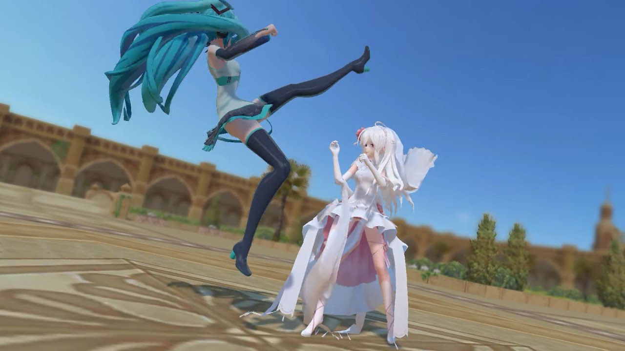 『MMD』miku VS Haku，弱音和初音再次約架，弱音因為穿著不利於格鬥，被初音多次進攻成功，至此，初音又勝利一局