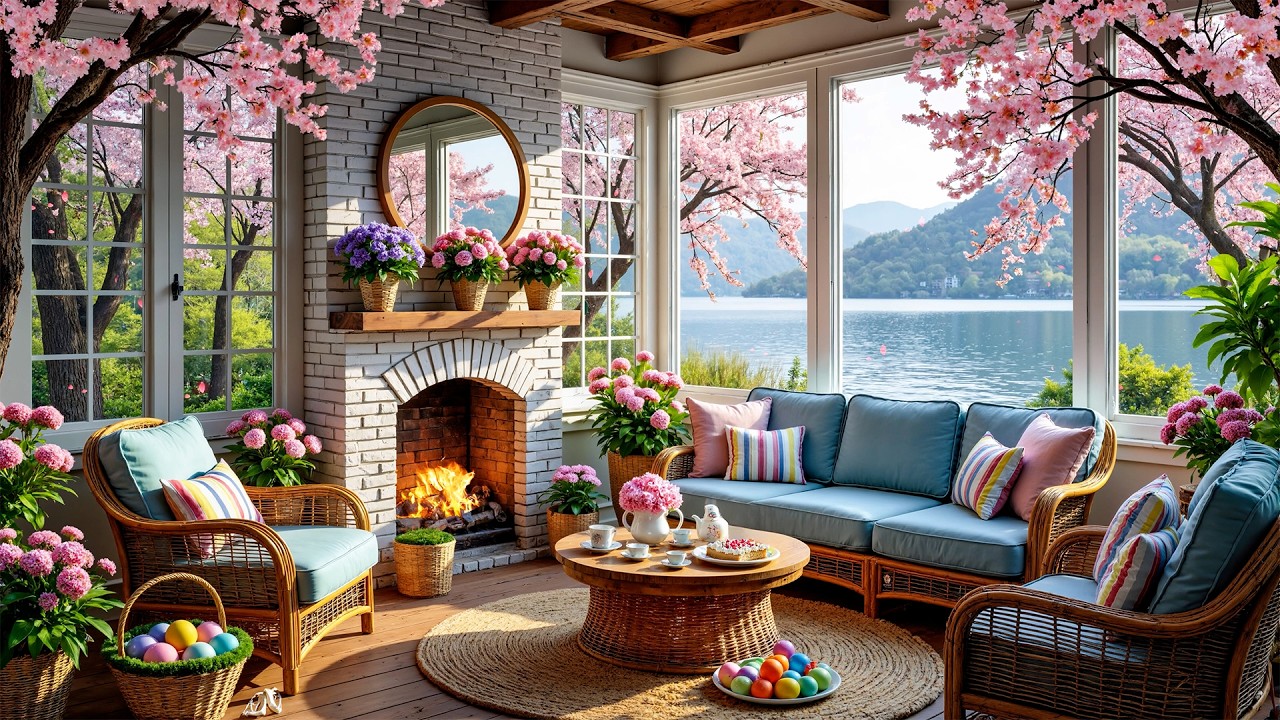 Peaceful Spring Time❄️Piano Relaxing Music & Fireplace Sound in Cozy Cabin Ambience for Good Mood