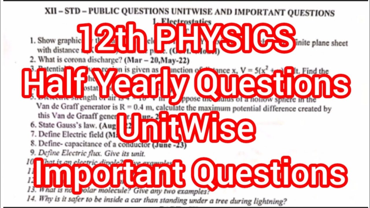 12th Physics Half Yearly Examination PUBLIC QUESTIONS-UNIT WISE-IMPORTANT QUESTIONS 