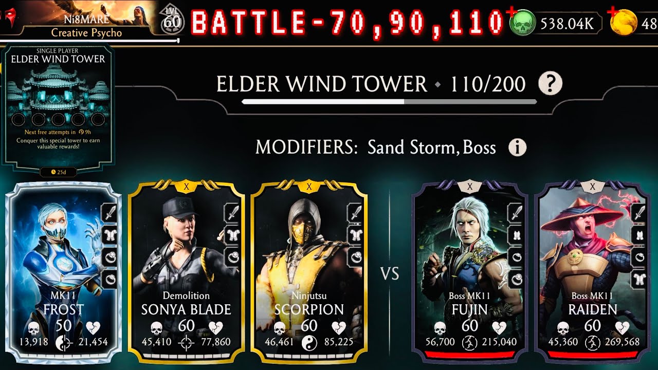 MK11 Frost Vs Elder Wind Tower Boss Battle 110 & 70, 90 Fight + Rewards | Mortal Kombat Mobile