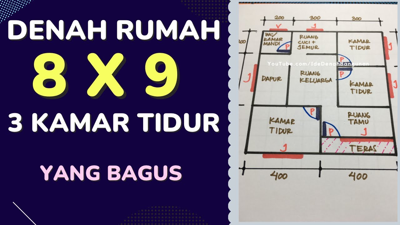 Desain Denah Rumah 8x9 3 Kamar Tidur 1 Lantai Yang Bagus