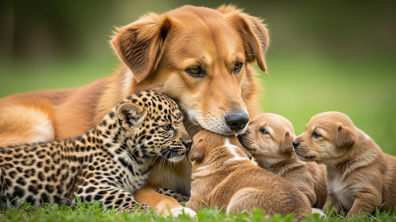 Dog raised Leopard Cub as Her Own alongside her puppies,What Happened next will Shock You