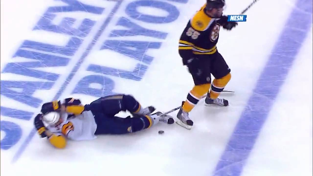 Johnny Boychuk destroys Matt Ellis w/SlowMo NESN HD 4/19/10