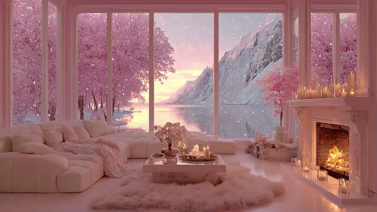 Pink Winter Silence by the Lake, Soft Piano Melodies with Falling Snow and Fireplace Warmth