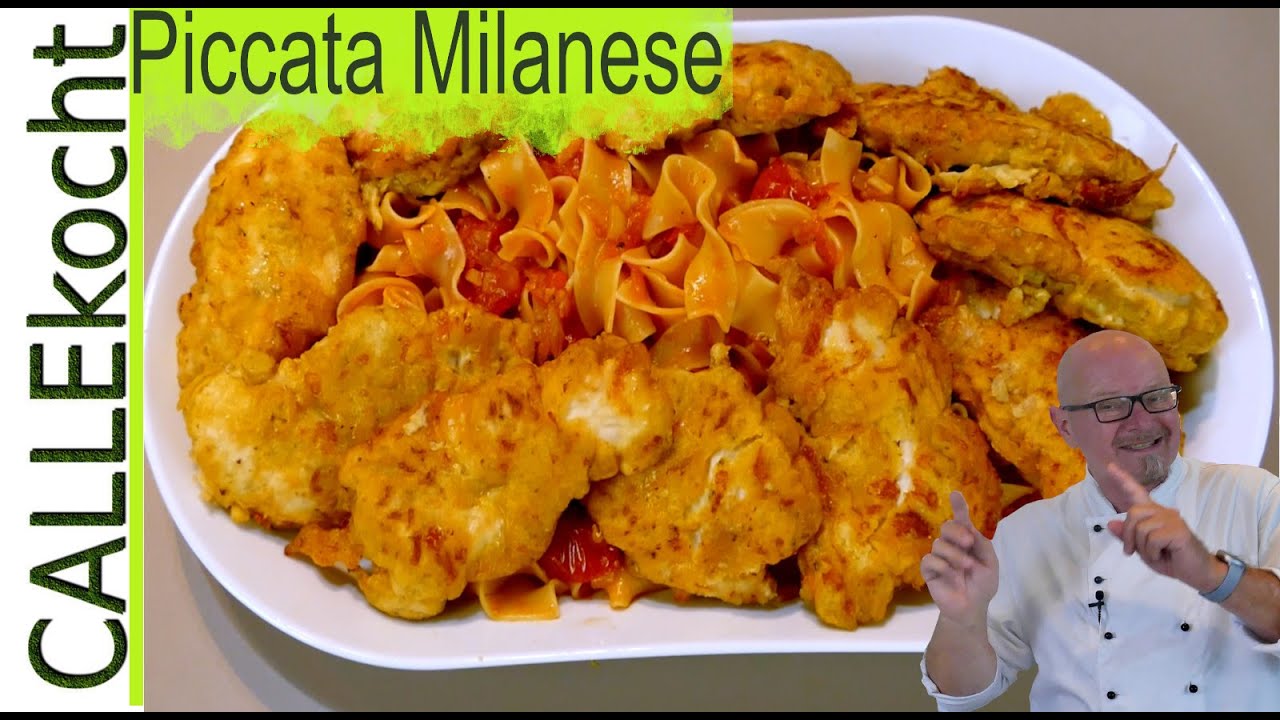 Saftiges Hähnchenfilet auf Tomaten-Pasta. Piccata Milanese Rezept