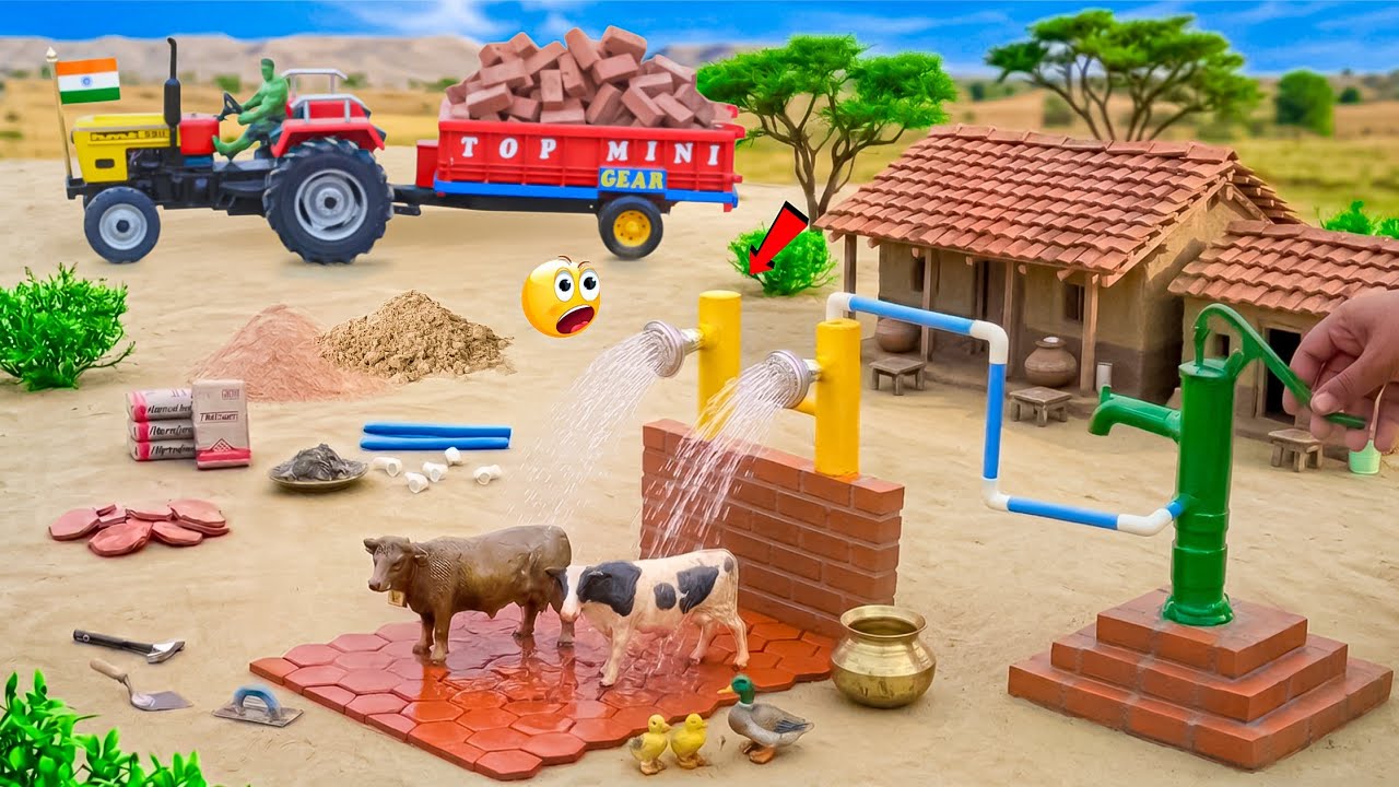 DIY Mini Tractor Builds Cow Shower With Hand Pump Using Bricks | Village Water Supply | @topminigear