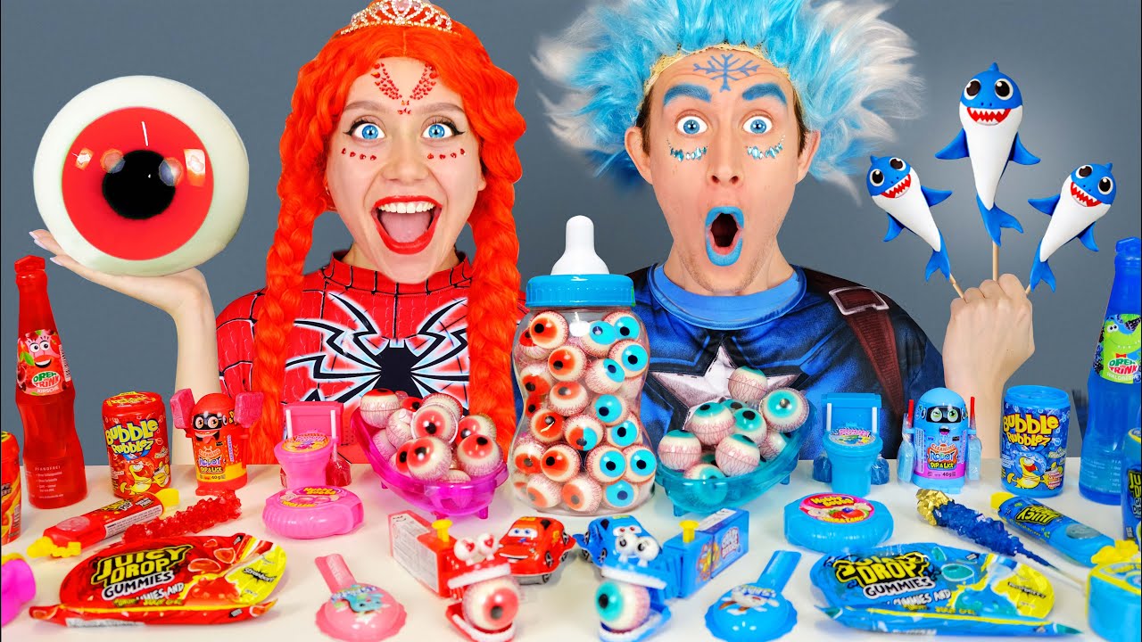 Blue Food vs Red Food Challenge 블루 레드 푸드 챌린지 Elsa Frozen vs Spiderman Mukbang by JELLY BOBA