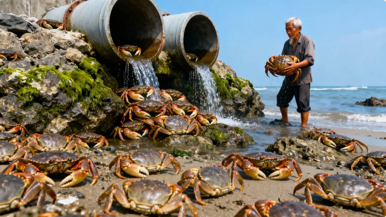 阿聪赶海以来头一次见这么大蟹王，当场被吓住，回家一称发财了
