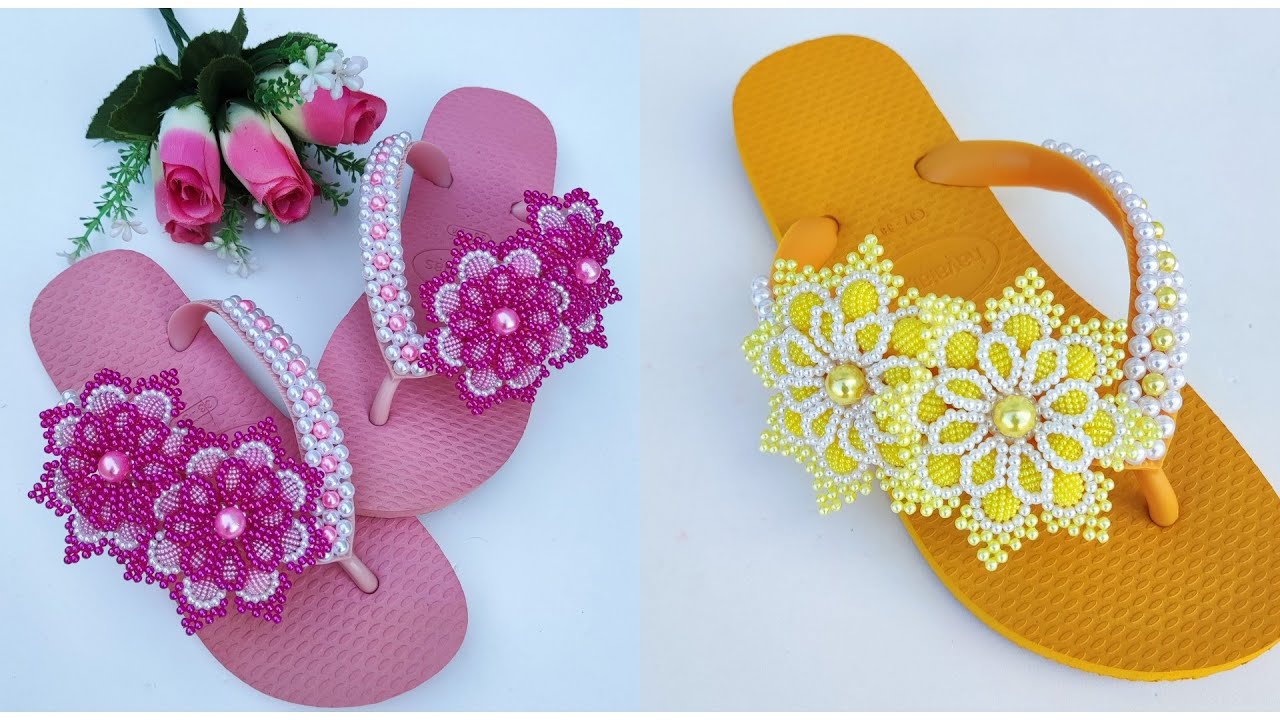 Flor Dupla com Pérolas Craqueladas - Chinelos Customizados