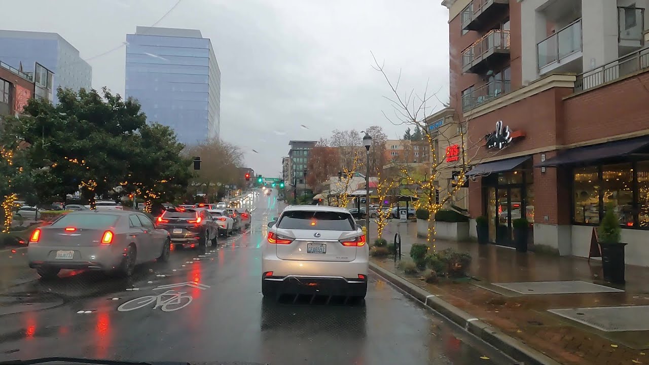 City of Bellevue WA Car Drive Rainy Day Downtown December 2024