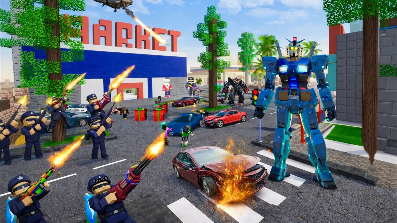School Party Craft – INSANE Giant Robot Rampage Attacks City Near Market | Police Team Arrives!