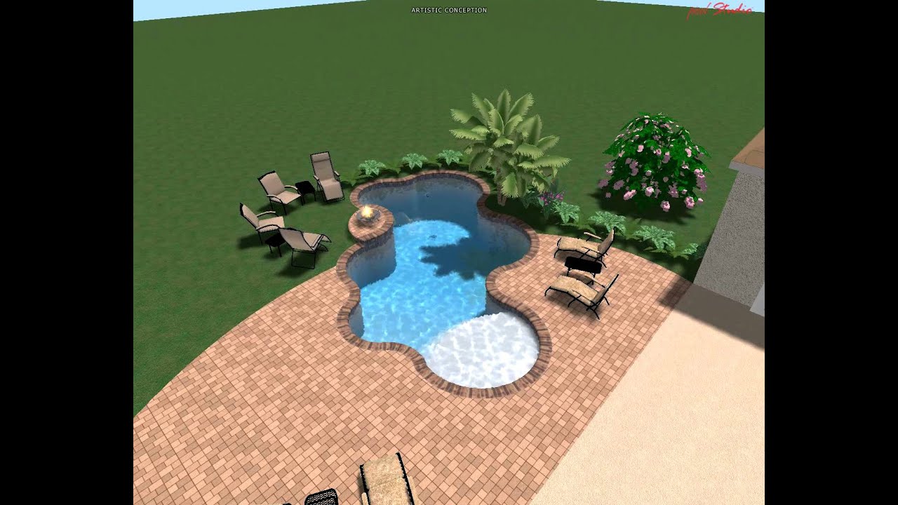 Swimming Pool Freeform Shape with Raised Fire Pedestal and Waterfall
