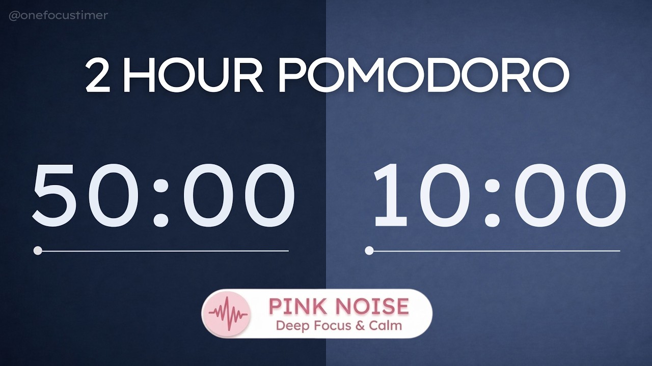 Pink Noise Pomodoro Timer 50/10 (2 Hour) | ADHD Deep Focus | Deep Navy Calm
