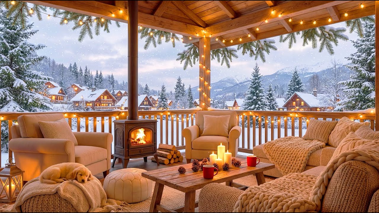 Cozy Winter Morning Fireplace ❄️ Snowy Porch Ambience for Relax, Study & Sleep