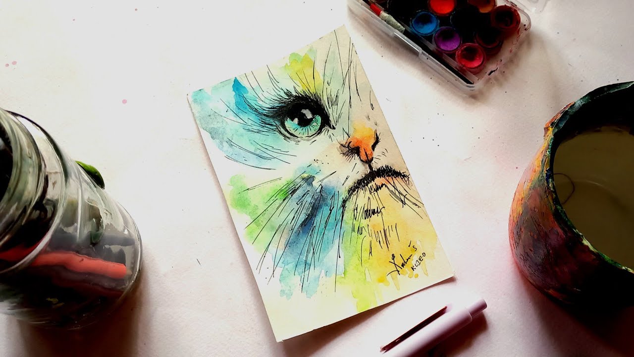 Abstract watercolour painting ideas for beginners 😽🖌/how to paint a cat #art #watercolour #fypviral 