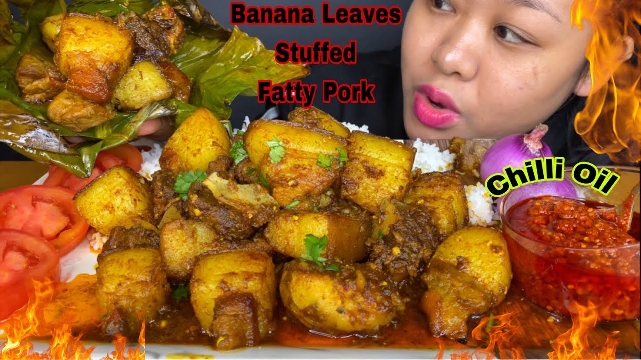 BANANA LEAVES STUFFED  SPICY FATTY PORK BELLY GRAVY | FATTY PORK BELLY MUKBANG | BIG BITES | ASMR