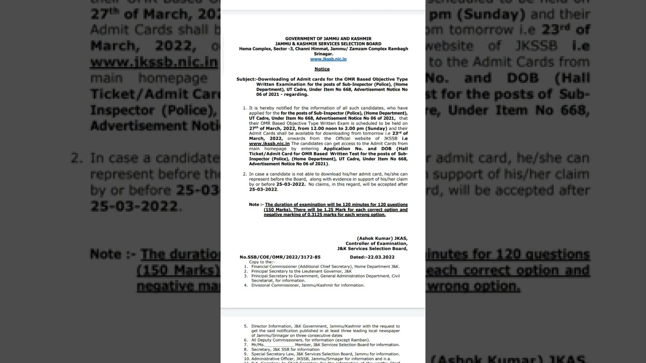 JKPSI 2022 admit cards released/ Download your admit cards @jkssb