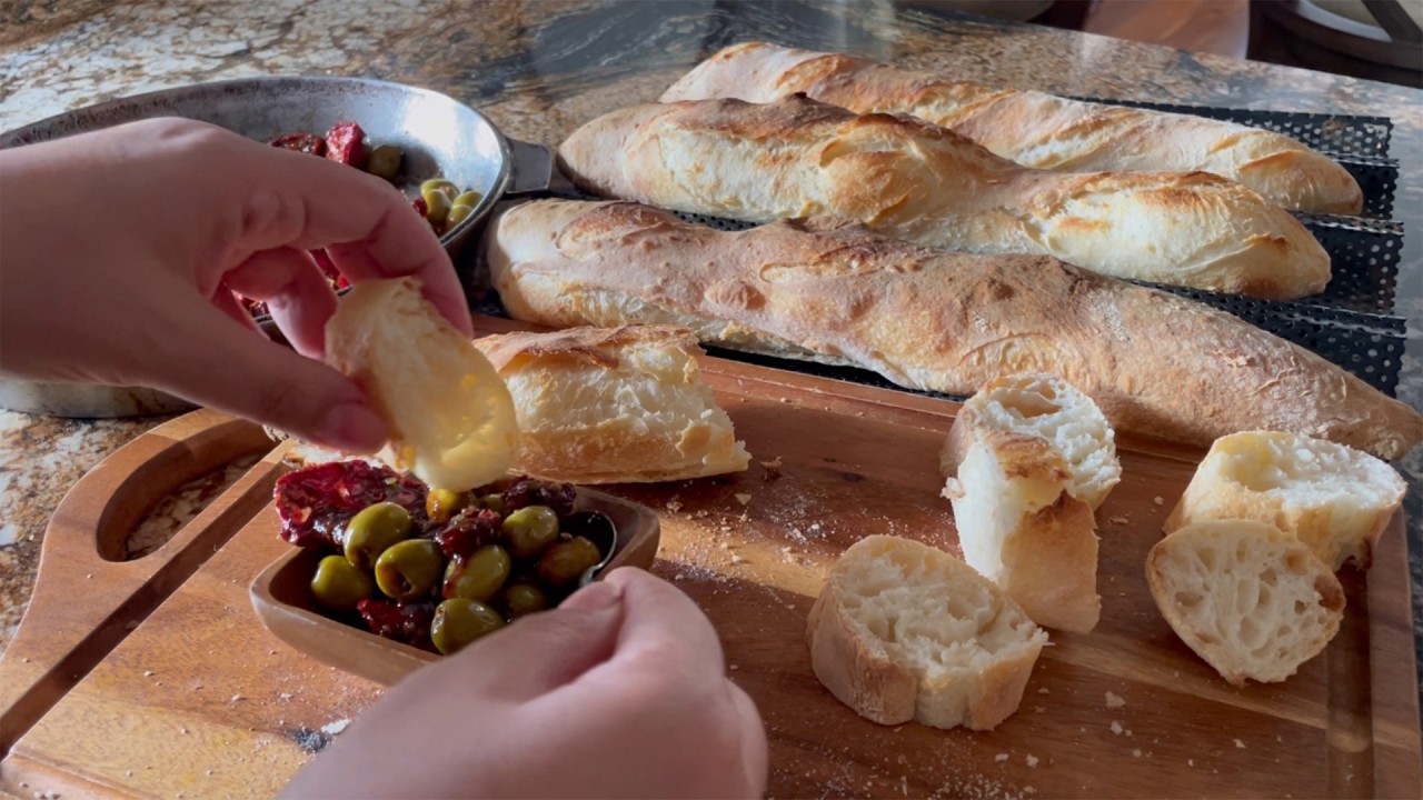 “Cozy Baking at Home: Sourdough French Baguette + Olive Dip 🍞🫒”
