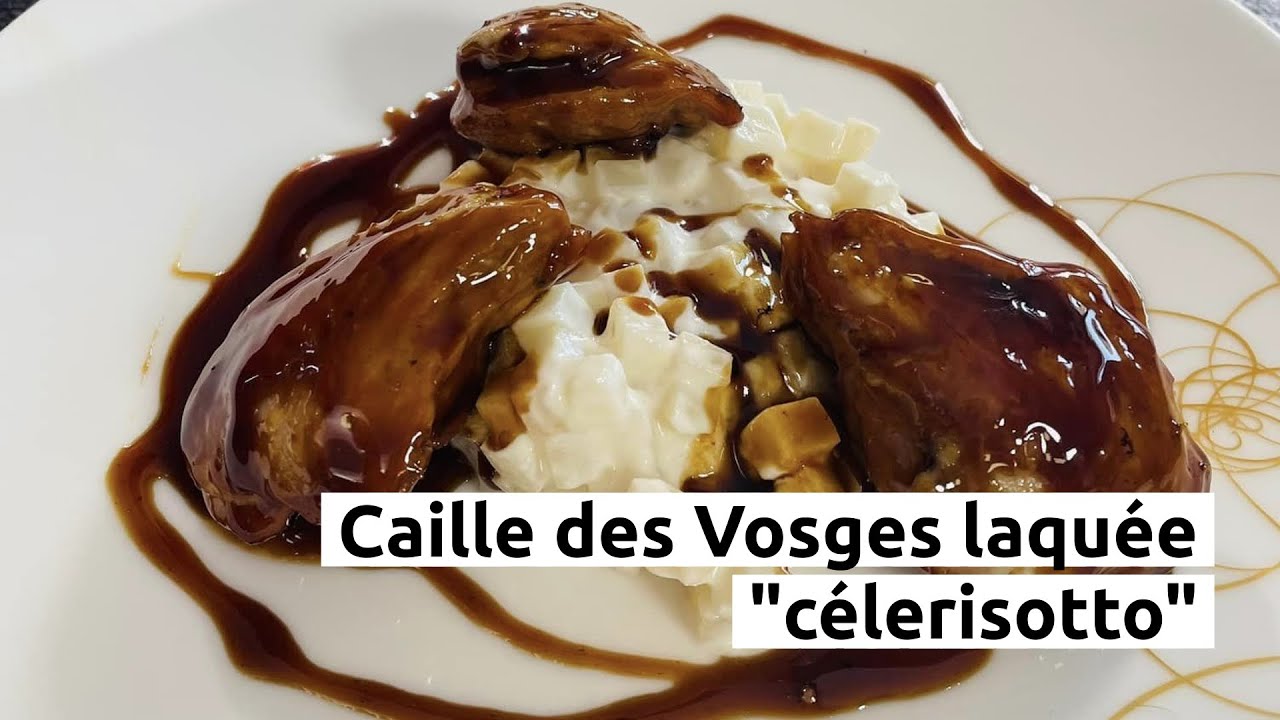 Filets de cailles laqués à la bière brune, Céleri en risotto