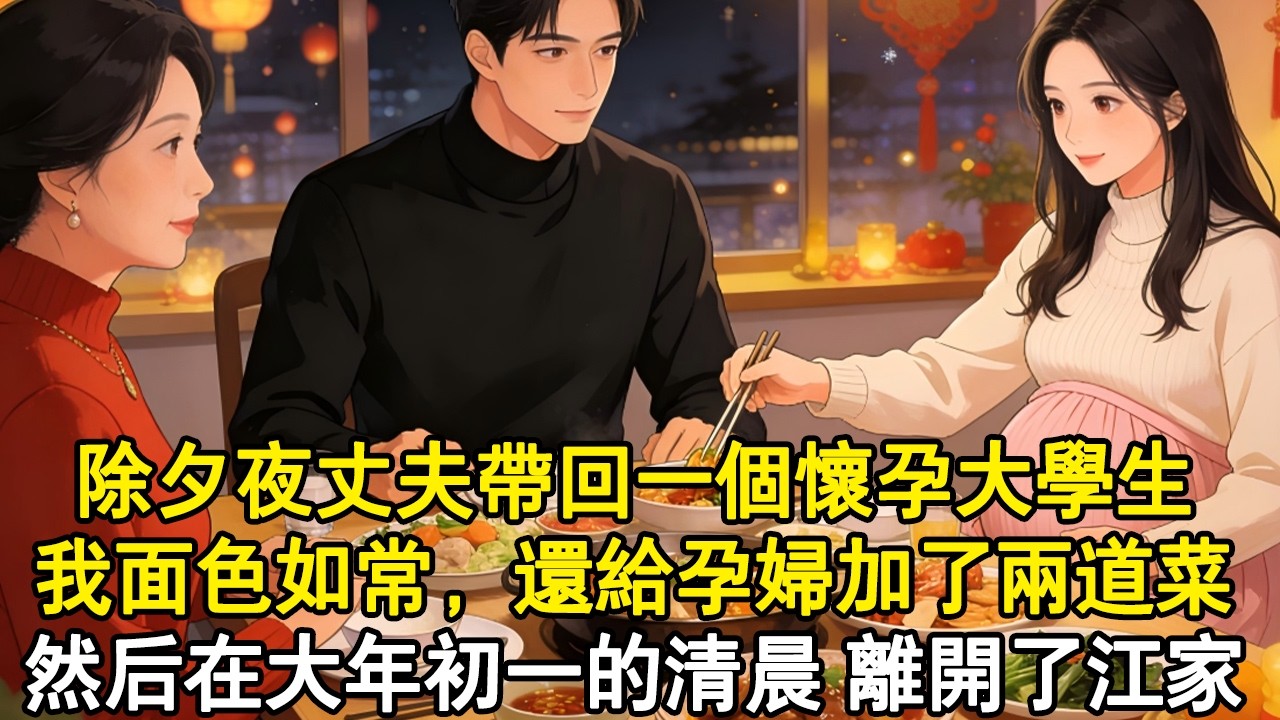【情感故事】除夕夜丈夫帶回一個懷孕大學生，我面色如常，還給孕婦加了兩道菜然後在大年初一的清晨，離開了江家#小說 #愛情 #故事