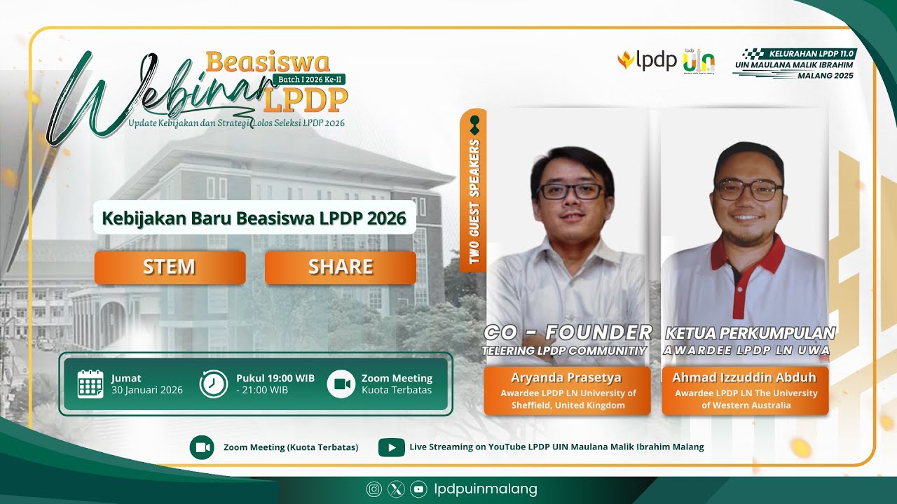 Webinar Beasiswa LPDP (Kebijakan Terbaru 2026) Kelurahan LPDP UIN Maulana Malik Ibrahim Malang