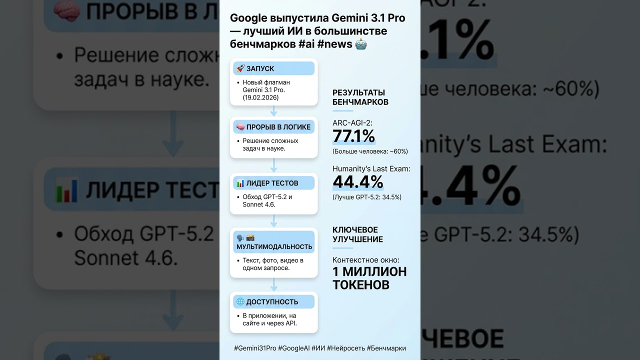 Google выпустила Gemini 3.1 Pro &mdash; лучший ИИ в большинстве бенчмарков #ai #news 🤖