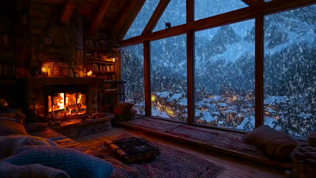 Calming Snow Cabin Night with Cozy Fire Sounds for Deep Sleep Aid, Insomnia & Anxiety Relief