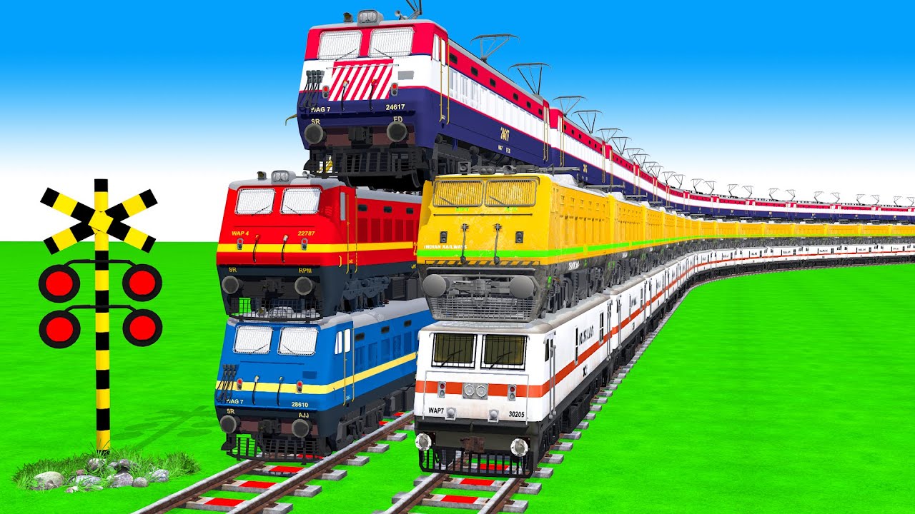 【踏切アニメ】でこぼこの電車の曲がり カラフル 3 Train Climbing Pynamid| Fumikiri 3D Railroad Crossing Animation #train