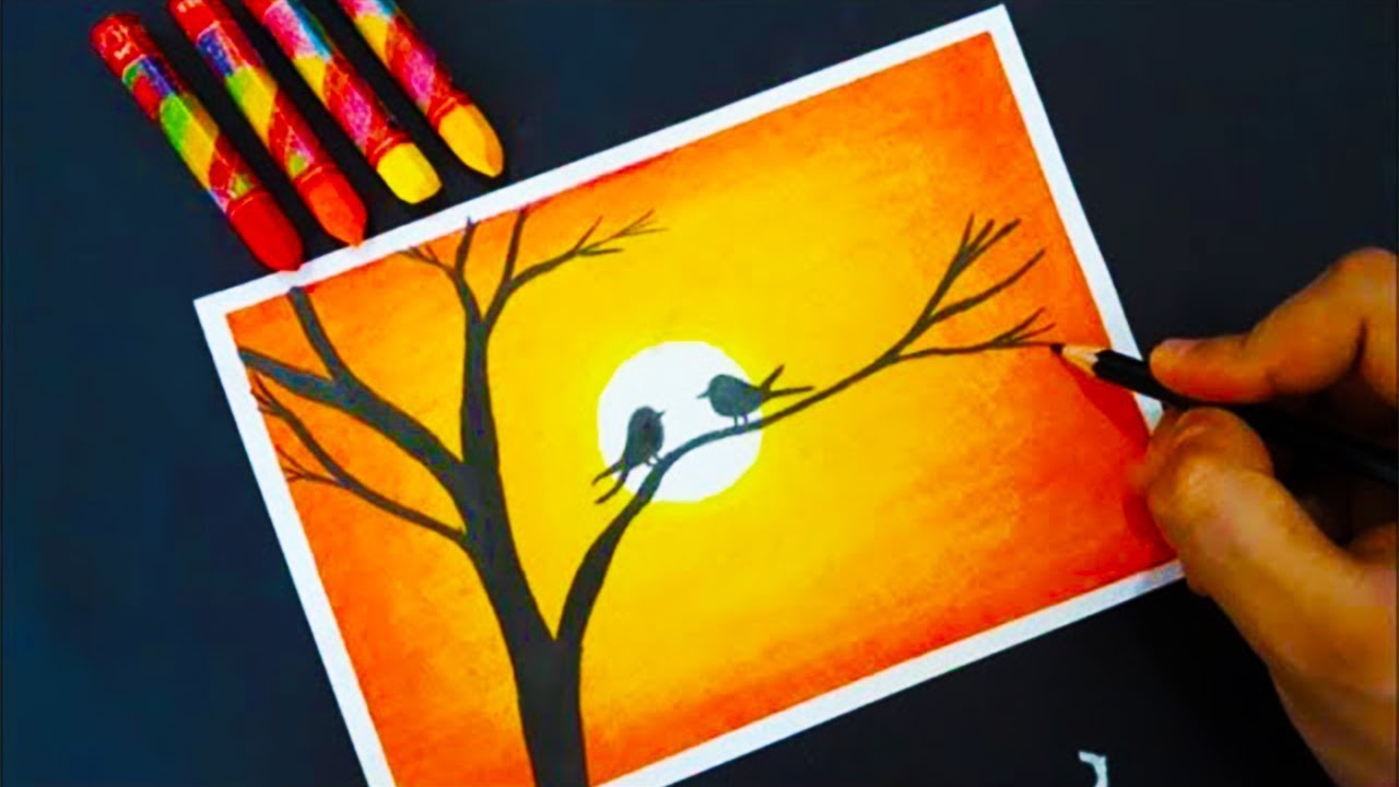 Gün Batımı Pastel Boya İle Çizimi ___How to draw Scenery of Sunset with OIL PASTELS step by step