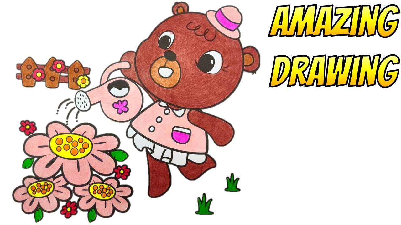 Happy Brown Bear Watering Pink Flowers #amazingdrawing