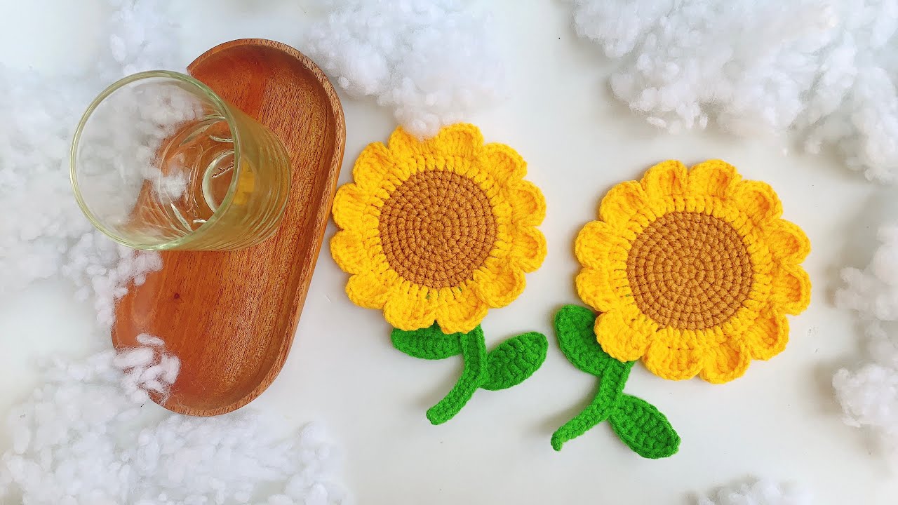 Crochet sunflower coasters || Hướng dẫn móc lót ly hoa hướng dương đơn giản nhất.