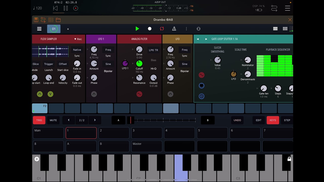 Glitchy jam using AUM, Drambo, Continua and Bass 808
