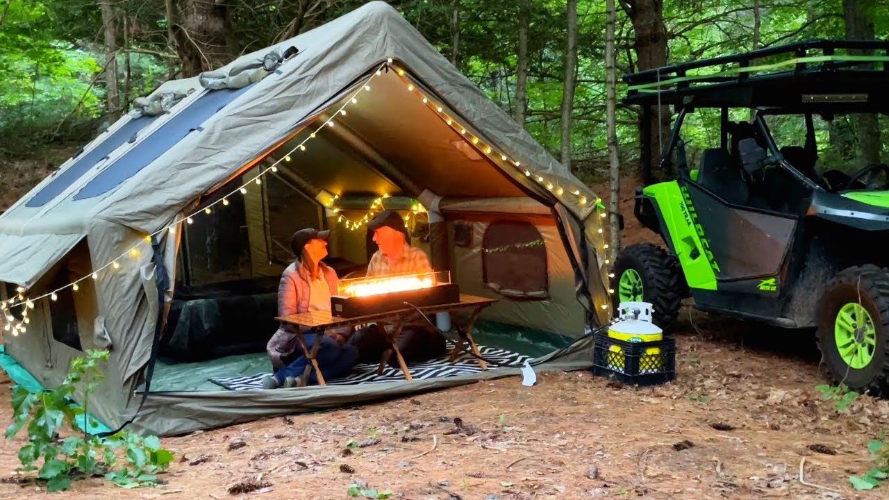 Camping in our Cozy Inflatable Tent in the Woods with our UTV
