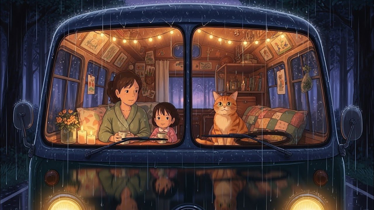 A Full Rainy Day in Our Little Moving Home 🚌☔ Noodles, Tea & the Sound of Rain | Ghibli Style